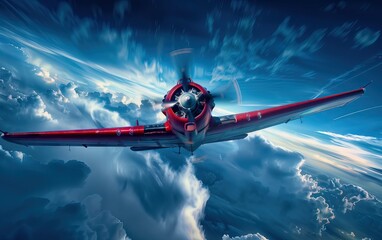 Skyward Bound Propeller, airplane, propeller, vintage, clouds, sky, flight, engine, red, soaring, high, altitude, aircraft, aviation, travel, speed, dynamic, illuminated, sleek, design, powerful, wing