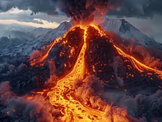 Fiery Mountain's Fury, volcano, eruption, lava, molten, dramatic, powerful, ash, sky, snow-capped, mountains, flow, fiery, heat, magma, explosive, nature, disaster, geology, force, hot, smoke, plume