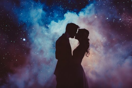 Couple silhouette kissing among smoke under a starry night backdrop.