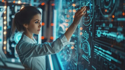 Woman interacting with futuristic digital interface, technology concept.