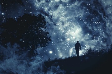 Fototapeta na wymiar Ghostly figure with smoke aura walking under a starry night sky.