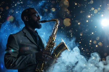 Jazz musician playing saxophone with smoke and starry night background. - obrazy, fototapety, plakaty