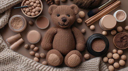 Fototapeta na wymiar Cosmetics in chocolate palette with a brown teddy bear
