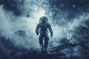 Fototapeta na wymiar Lost astronaut with smoke effect wandering on a starry night alien landscape.