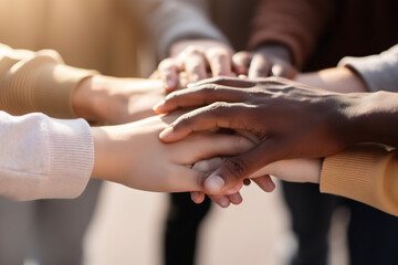 United Hands of Diverse Ethnicity in a Close-Up View, Symbolizing Teamwork, Solidarity, and Cooperative Spirit