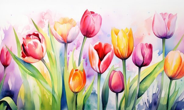 Vibrant tulips in watercolor art
