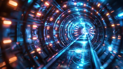 Fototapeta premium Futuristic blue tunnel with glowing lights, abstract technology background.