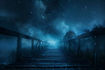 Zelfklevend Fotobehang Old wooden bridge with fog and smoke under a starry night landscape. © furyon