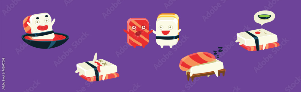 Sticker Kawaii Sashimi Mascot with Different Emotion Vector Set