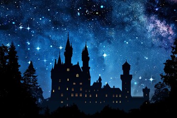 Fototapeta na wymiar Silhouette of a castle with smoke towers under a starry night medieval scene.