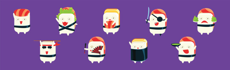 Kawaii Sashimi Mascot with Different Emotion Vector Set