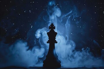 Silhouette of a chess king with smoke under a starry night strategy.