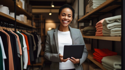 Fototapeta premium Smiling Businesswoman with Digital Tablet in Luxury Boutique, Successful Entrepreneur in Fashion Retail