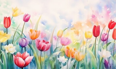 Colorful art watercolor painting depicting various tulips, spring concept 