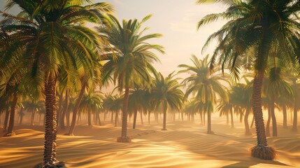 A mystical desert oasis, with emerald green palm trees swaying gently in the breeze, surrounded by golden sands and bathed in the warm glow of the afternoon sun. - obrazy, fototapety, plakaty