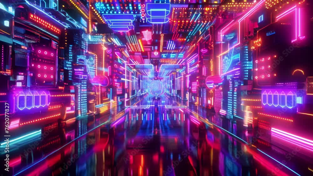 Poster a collection of neon lights and digital billboards in a futuristic setting symbolizing the modernity
