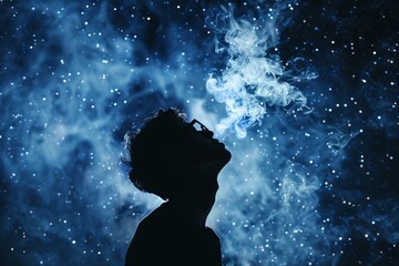 Silhouette of a poet with smoke words under a starry night inspiration. - obrazy, fototapety, plakaty