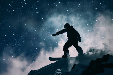 Silhouette of a snowboarder with smoke trail under a starry night winter sport.