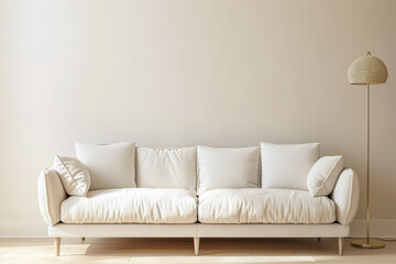 Minimalist living room interior in warm serene tones with a sofa and a lamp as decor - obrazy, fototapety, plakaty