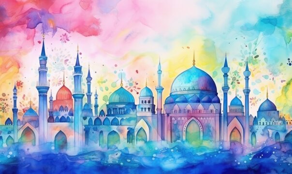 Vibrant watercolor artwork featuring various mosques, celebrating eid al-fitr
