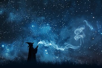 Obraz na płótnie Canvas Silhouette of a wizard casting smoke spells under a starry night fantasy setting.