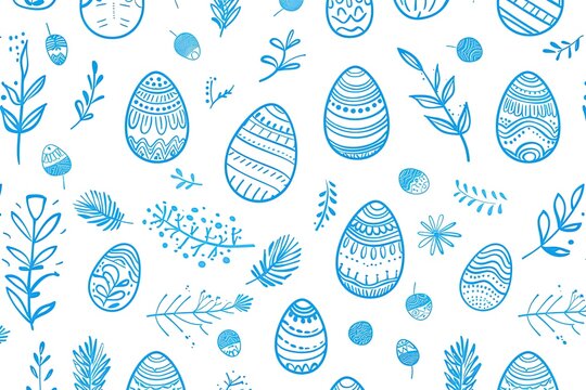 Easter seamless pattern with flat line icons of painted eggs