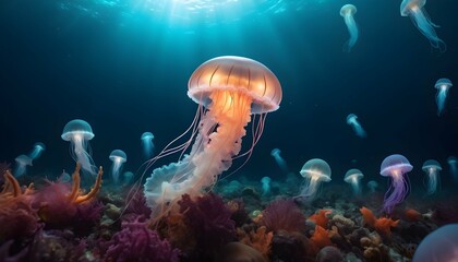 Obraz na płótnie Canvas A Jellyfish In A Sea Of Glowing Underwater Creatur