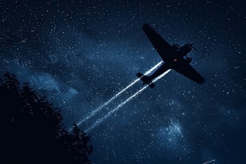 Obraz na płótnie Canvas Vintage airplane silhouette with smoke trail under a starry night adventure sky.