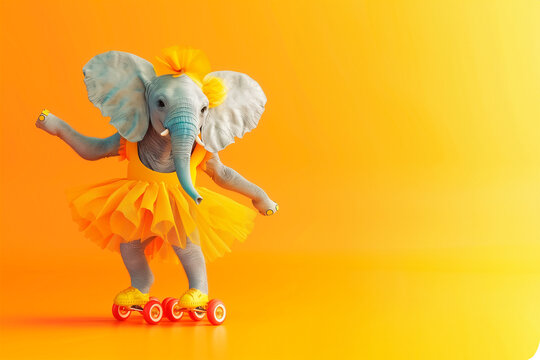 funny elephant in yellow  tutu and roller skaters in solid background