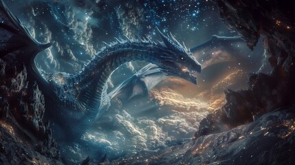 a mythical dragon emerges from the depths of a cavern, its scales gleaming with an otherworldly glow.
