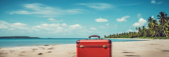 Red suitcase on the beach