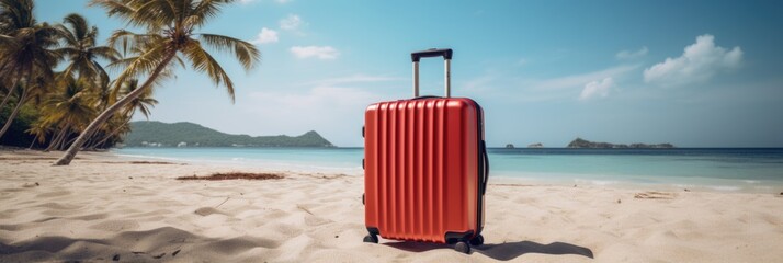 Red suitcase sitting on the beach