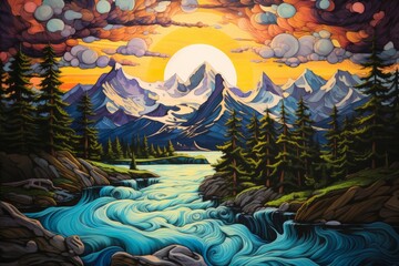 Fototapeta premium A painted landscape of a mountain river, coniferous trees, mountains on the horizon and an unusual sky. The concept for the development of tourism, mountaineering, skiing, rock climbing.