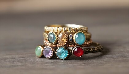 A Stack Of Bohemian Inspired Rings Featuring Color