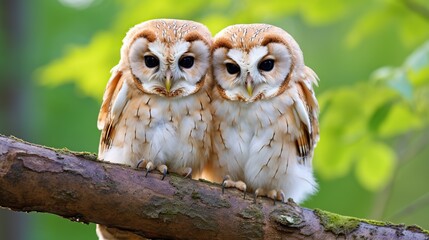 portrait of a pair of owls perched on a tree branch. blurred background