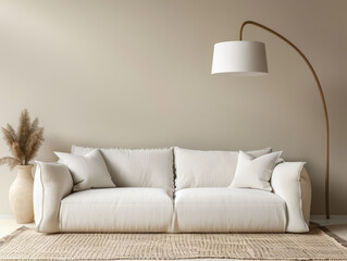 Minimalist living room interior in warm serene tones with a sofa and a lamp as decor