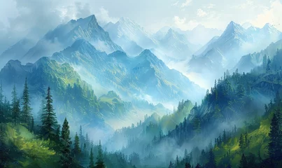 Wandcirkels plexiglas Explore the subtle hues of a misty mountain range, bringing depth and tranquility to your landscape painting  © Pumapala