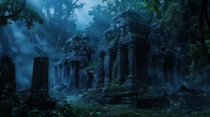 Poster An ancient, overgrown temple nestled deep within a mist-covered jungle, its weathered stone pillars reaching towards the heavens, bathed in ethereal moonlight. © Ayesha