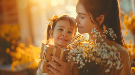 A woman tenderly holds a little girl next to a vibrant bouquet of flowers in a heartwarming Mothers Day moment