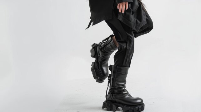 A figure donning stylish black boots stands against a white backdrop in a low-angle fashion photo shoot. The fashionable black footwear exudes a trendy vibe