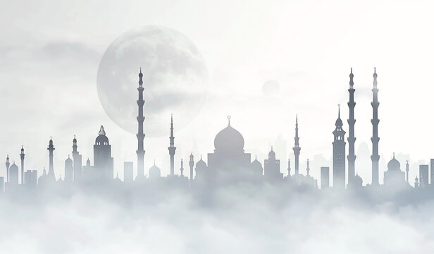 Ramadan rahib design card image and islamic mosque cityscape arabic. Ramadan kareem concept