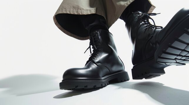 A figure donning stylish black boots stands against a white backdrop in a low-angle fashion photo shoot. The fashionable black footwear exudes a trendy vibe