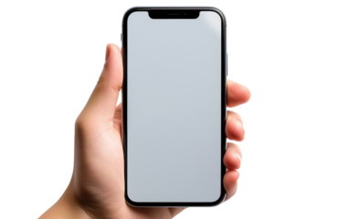 Person Holding a Cell Phone in Their Hand. On a White or Clear Surface PNG Transparent Background.