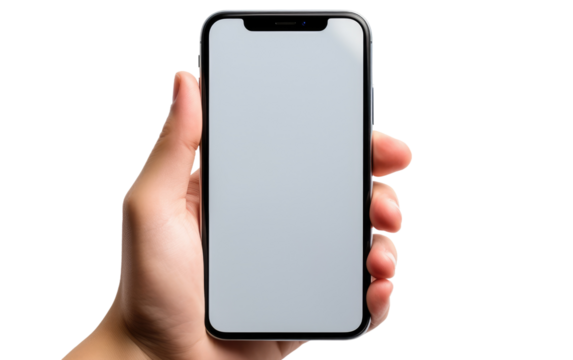 Person Holding a Cell Phone in Their Hand. On a White or Clear Surface PNG Transparent Background.