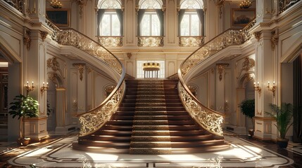 Classic design of a private home with a grand staircase in the center and gilded forged rails. 3d rendering of the interior background - obrazy, fototapety, plakaty