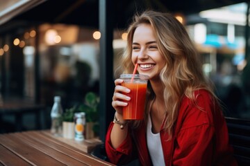 Beautiful Smiling Woman Drinking a Refreshing Orange Juice. Fictional character created by Generated AI. 