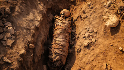 the mummy of an alien, a fantastic invented plot. the skull and remains of a humanoid alien creature
