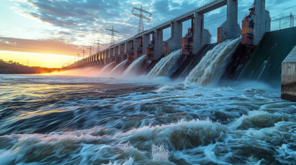 Hydroelectric dam with rushing water and electric turbines turning with the force of the flowing river water , generating clean energy for ecology and zero carbon targets - obrazy, fototapety, plakaty