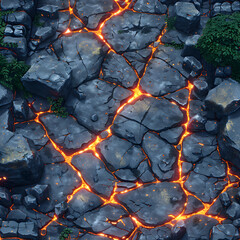 The dramatic vista reveals cooled volcanic rocks adorned with glowing lava cracks, offering a vivid portrayal of the dynamic forces at play within the Earth's crust.