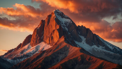 Glühender Berggipfel im Sonnenuntergang mit dramatischen Wolken